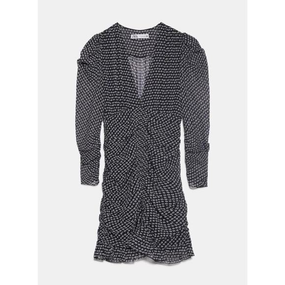 Zara Women's Draped Ruched Mini Dress Puff Long Sleeve Sheer Lined Polka Dot - Picture 4 of 13